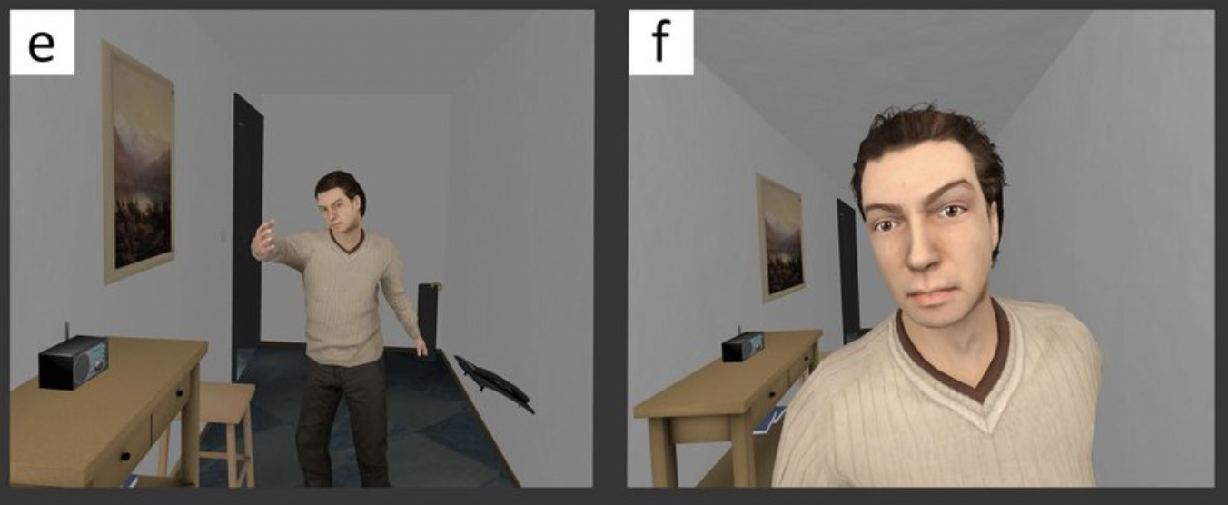 (e) Het mannelijke virtuele personage gooit een telefoon op de grond. (f) Het mannelijke virtuele personage dringt binnen in de persoonlijke ruimte van de deelnemer.