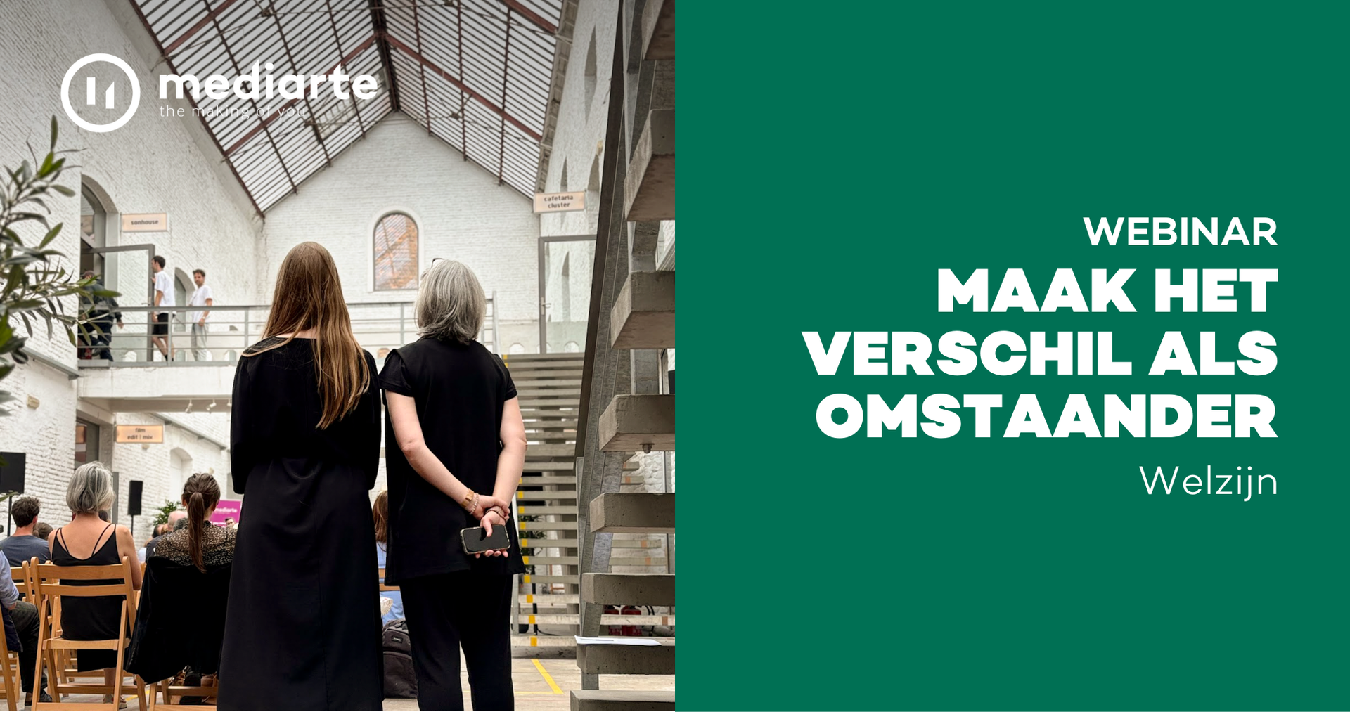 Afbeelding links met twee personen die met hun rug naar de camera staan. Rechts staat er tekst: webinar: maak het verschil als omstaander